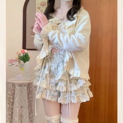 LIZAKOSHT - Japanese Harajuku Girls Kawaii Lace Pleated Pantskirt Women High Waist Fairy Floral Shorts Y2k Aesthetic Cute Cake Mini Skirts