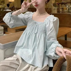 LIZAKOSHT - Autumn Mushroom Edge Square Neck Chiffon Long Sleeve Blouse for Women Autumn New Fashionable Unique Puff Sleeve Short Top