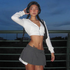 LIZAKOSHT - Women's Autumn New Short Style Slimming Cropped Long Sleeve Jacket Street Fashion White Coat Zipper Hoodie Trendy