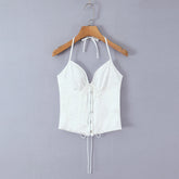 LIZAKOSHT - Sexy White Satin Bow Halter V neck Open Hook Buttons Slim Tank Top Women Cross Lacing Up Bandage Back Backless Tee Summer Vest