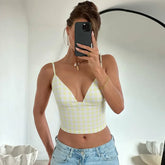LIZAKOSHT - Girls Summer Deep V-neck Plaid Camisoles Y2K Woman Clothing Sexy Sleeveless Backless Crop Tops Pink Corset Streetwear