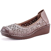 LIZAKOSHT - Women's Summer Real Leather Wedge Red Flats Cut out Loafers Vintage Breathable Slip-On Shoes Luxury Hollow Moccasin Female
