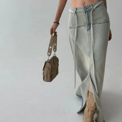 LIZAKOSHT - Denim Long Skirts Slit Lace Up High Waist Women Vintage Elegant Sexy Summer Streetwear Classic Y2k Girls Fashion European Style