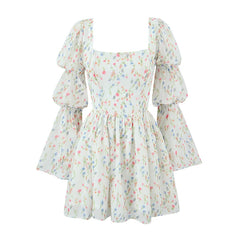 LIZAKOSHT - Sweet Women Floral Print Mini Dress Long Sleeve Square Neck Female Party Summer Dresses Holiday Robe