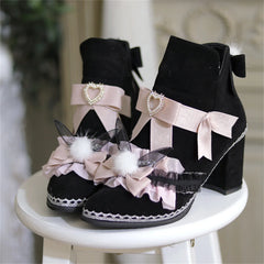 LIZAKOSHT  -  Japanese Sweet Style Lolita Girls Shoes Cosplay Cute Bowknot Pearls Love Ruffle Kawaii Hairball Rabbit Ear 8cm High Heel Shoes