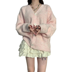 LIZAKOSHT - V-neck Cardigan Women Pure Knitted Sweet Princess Fashion Soft Loose Korean Style Girls Autumn Students Collage New Coats