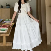 LIZAKOSHT - White Spring Summer Dresses for Woman Solid Ruffles Puff Sleeve Long Dress Korean Fashion Elegant Vestidos Mujer