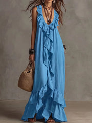 LIZAKOSHT - Lady Fashion Ruffle Trim Vacation Long Dress Bohemian Style Loose Summer Dress Elegant Deep V Neck Sleeveless Solid Party Dress