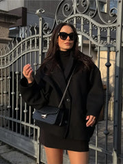 LIZAKOSHT  -  Bat-Sleeve Woolen Coat Black Lapel Single Breasted Casual Loose Thicken Wool Short Overcoat French Winter Women's Outwear Top