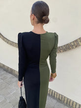 LIZAKOSHT - Patchwork Long Sleeve Slit Women Maxi Dress Green Deep V-neck Ruched Autumn Winter Skinny Elegant Party Evening Dress