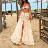 LIZAKOSHT - Ladies Sexy Drawstring Beach Vacation Outfit Summer 2025 Animal Strapless Tops Triangle&High Slit Long Skirts Three Piece Suit