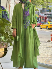 LIZAKOSHT - 2 Piece Long Sleeve Maxi Shirts+Wide Leg Pants Eid Muslim Women Elegant Sets Abaya Dubai Turkey Islamic Casual Tops Solid Outfit