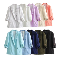 LIZAKOSHT  -  New Women Fashion Office Wear Open Casual Blazer Coat Vintage Long Roll-Up Sleeve Pockets Female Outerwear Chic Tops
