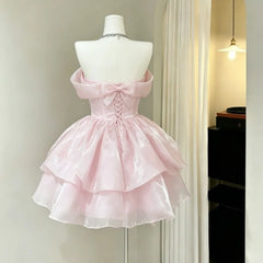 LIZAKOSHT - Sweet Girl A-Line Off Shoulder Bow Organza Homecoming Dress Lace Up Back Pink Short Puffy Cocktail Dress Party Mini Gown