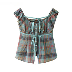 LIZAKOSHT - Women's Retro Contrast Color Pliad Short-sleeved Pure Cotton Shirts Female Summer Lace-up Slimming Single-breasted Blouse Tops