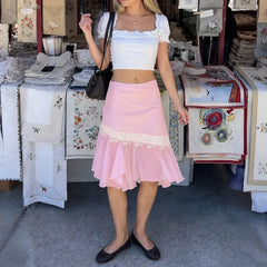LIZAKOSHT - Vintage Sweet Women Summer Lrregular Design Skirt Y2k Aesthetic Spliced Lace Pleated Jupe Casual Vacation Style Streetwear Skirt