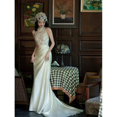 LIZAKOSHT - Flower Fairy French Satin Flower Princess Bridal Tail Wedding Dress Wedding Toast Dress Morning Robe