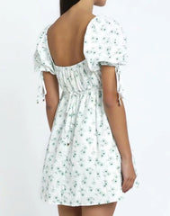 LIZAKOSHT - Women Robe Retro France Style Ruched Elastic Square Collar Bow Puff Sleeve Flower Print Mini Dress Lacing up Slim Waist A line