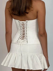 LIZAKOSHT - Spicy Girl Retro Design Two-Piece Set with Ba Strap Slimming Fibone Waist Tie Tube Top Tank Top with Lace Hem Skirt