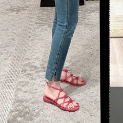 LIZAKOSHT - French Fashion Blogger Camellia Leather Flat Sandals Women Summer Casual Pink Open-toed Sandals Ladies