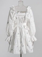 LIZAKOSHT - Embroidery Hollow Out Mini Dresses For Women Square Collar Puff Sleeve High Waist Printing Lace Up Dress Female Summer