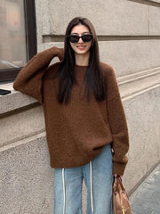 LIZAKOSHT - Vintage Brown Knit Sweater Women Autumn Winter Loose Casual Lazy Wind Pullovers Streetwear Harajuku Baggy Long Sleeve Jumpers
