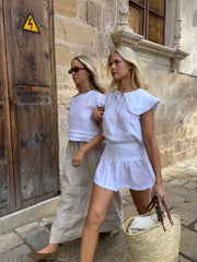 LIZAKOSHT - Chic Lien Ruffle Collar Shirt Shorts Set Women Elegant White Sleeveless Shirts High Waist Pleated Skirt 3Piece Sets Lady Holiday