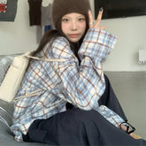 LIZAKOSHT - Polo Collar Single-breasted Loose Casual Long Sleeve Shirt Women 2024 Autumn New High Street Contrast Color Plaid All Match Tops