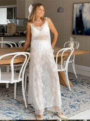 LIZAKOSHT  -  Perspective Lace Cover Up Dress Hollow Out Mesh Sexy Halter Loose See Through Women Suspender Long Dresses Spring Summer New