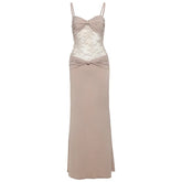 LIZAKOSHT - Women Sexy Sheer Lace Mesh Patchwork Knot Camisole Bodycon Maxi Party Dress Ruched Spaghetti Straps Backless Clubwear Long Robe
