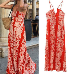 LIZAKOSHT  -  Sexy Printed Pleated Halter Maxi Dress Women Fashion Sleeveless Backless High Waist Dresses Summer Elegant Party Vacation Robe
