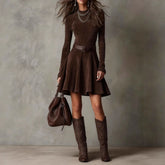 LIZAKOSHT - American Style Women's Mini Dress Solid Long Sleeve High Neck A-Line Party Dress Autumn Winter Slim High Street Dresses