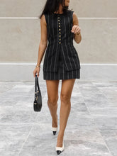 LIZAKOSHT  -  Woman Striped Waistcoat Shorts Set Sleeveless O-neck Buttons Vest Top Commute Suits Elegant Female Short Pant Two-piece Set