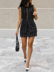 LIZAKOSHT  -  Woman Striped Waistcoat Shorts Set Sleeveless O-neck Buttons Vest Top Commute Suits Elegant Female Short Pant Two-piece Set