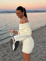 LIZAKOSHT - Elegant Solid Off Shoulder Women Mini Dress Fashion Backless Long Sleeve Bodycon Dresses 2024 Summer Lady Beach Vacation Robes
