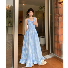 LIZAKOSHT - Suspender Long Skirt Fungus Edge Plaid New Sea Salt Ice Cream Women'S Fresh Summer Sweet Retro Long Dress
