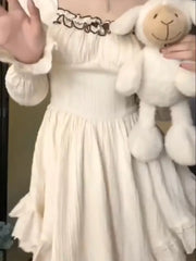 LIZAKOSHT - Sweet Apricot Short Dresses for Women Flare Sleeves Square Collar Ruffles A-line High Waist Korean Fashion Mini Vestidos Mujer