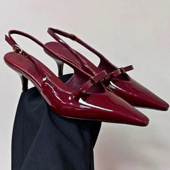 LIZAKOSHT - Patent Leather Bow Sandals Women Pumps Pointed Toe Low Heel Slingback Shoe Ladies Shallow Fashion Elegant High Heels Dress Shoes