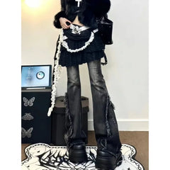 LIZAKOSHT - 2025 New American Style Retro High Street Ruffled Denim Jeans Women Autumn Low Waisted High Elastic Slimming Wide Leg Mop Pants