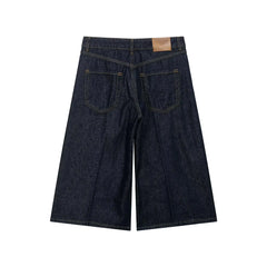 LIZAKOSHT - Fashion Baggy Deep Blue High Waist Ripped Hole Straight Knee Length Wide Leg Jeans Women Loose Denim Pants Short Trousers