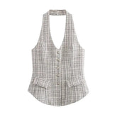 LIZAKOSHT - New Casual Fashion Flap Decoration Hanging Neck Collar Texture Vest Retro Sleeveless Backless Women's Vest Chic Slim Sexy Top