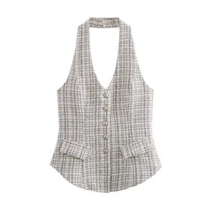 LIZAKOSHT - New Casual Fashion Flap Decoration Hanging Neck Collar Texture Vest Retro Sleeveless Backless Women's Vest Chic Slim Sexy Top