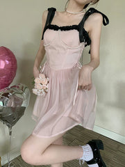 LIZAKOSHT - Sweet Y2k Pink Mini Dress Women Summer Princess Style Spaghetti Strap Pearl Beading Party Holiday Dress Retro Vestido Sundress