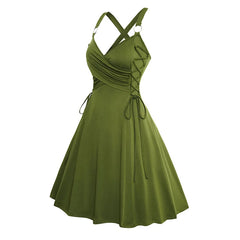 LIZAKOSHT - Dresses for Women Lace Up Surplice Collar Solid Color O Ring Shoulder Crisscross Back Summer Tank Dress Vestidos Para Mujer