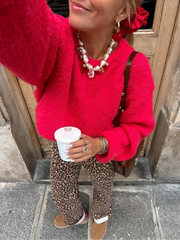 LIZAKOSHT - Red Casual O Neck Solid Cashmere Knitted Sweater Pullovers Christmas Women Long Sleeve Loose Pullover Lady Street Jumpers