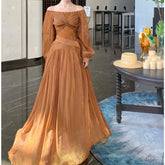 LIZAKOSHT - 2026 French Style Glossy Lantern Sleeves Kinked Butterfly One-word Shoulder Dress Pendant Long Dress