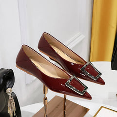 LIZAKOSHT - New Women Burgundy Nude Daily Flats Shoes Lady Ballet European Style Patent Leather Flats Female Elegant Metal Buckle Prom Shoes