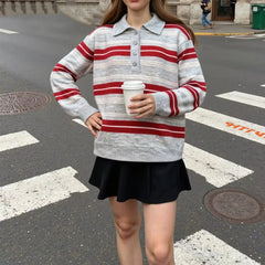 LIZAKOSHT  -  Fashion Knitted Striped Sweater Women 2025 New Autumn Vintage Loose Turndown Collar Pullover Casual Buttons Up Elegant Knitwear