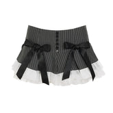 LIZAKOSHT - Y2K Style Skirt Bow Lace Striped Half Low Waist Slimming Spicy Girl Short Pleated European American