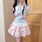 LIZAKOSHT - Y2k Harajuku Vintage Sweet Slim 2 Piece Skirt Sets Kawaii Short Sleeve Blouse + Patchwork Cake Mini Skirts 2000s Lolita Suits